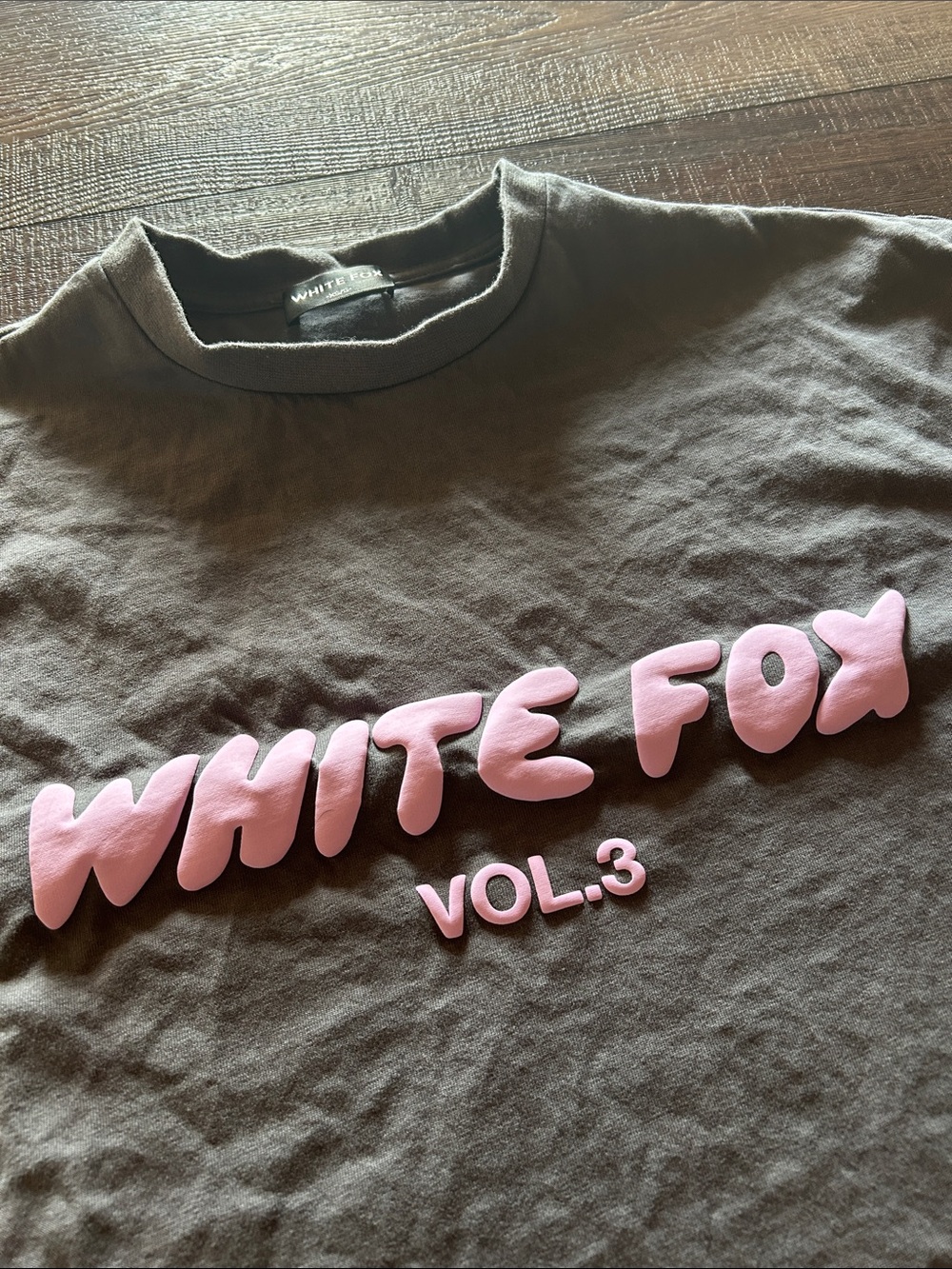 White Fox Boutique Grey Short Sleeve Tee with purple Puff Lettering